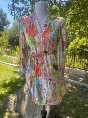 Alice + Olivia Floral Mini Dress Size 2 Tie Waist Button Front Boho Romantic EUC